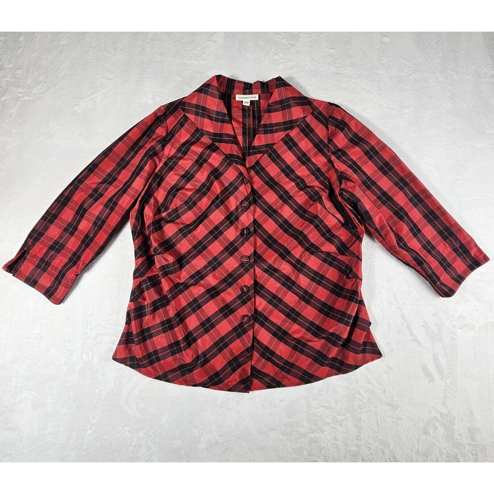 Coldwater Creek Womens Red Buffalo Plaid 3/4 Sleeve Blouse 18W Holiday‎ Office